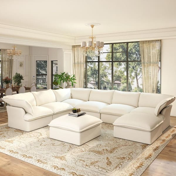 Magic Home Convertible 163 in. Flared Arm 8-Piece Linen Modular Cloud Sectional Sofa with Detachable Covers 2 Ottomans in. White