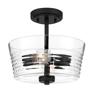 Ingo 12 in. 2-Light Matte Black Ceiling Light Semi-Flush Mount with Clear Ribbed Glass Shade