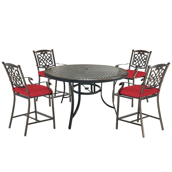 Clihome 5-Piece Cast Aluminum Outdoor Dining Bar Height Set with Round Dining Table and Flower-Shaped Chairs with Red Cushions