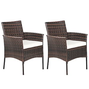 Brown Wicker Outdoor Rattan Dining Chair Patio Arm Chair w/Zipper and White Cushions(2-Pack)
