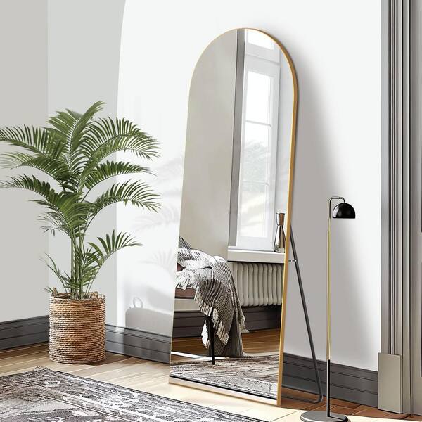 PexFix 24 in. W x 65 in. H Wood Frame Arched Floor Mirror, Bedroom