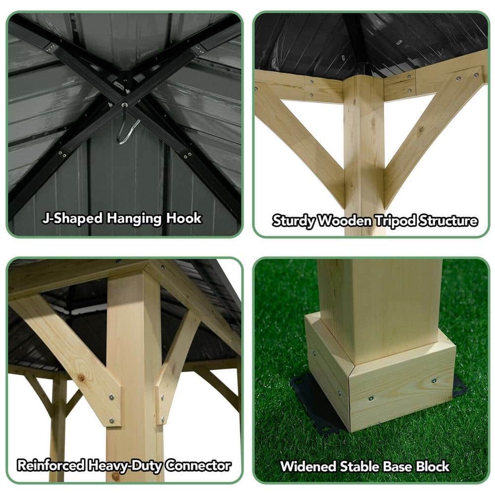 10'x10' Gray Steel Roof Solid Wood Frame Patio Gazebo