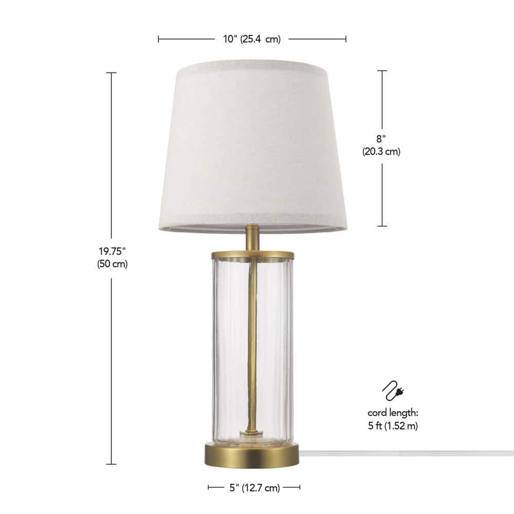 20" Clear Glass Table Lamp with Matte Brass Accents and Off-White Linen Shade