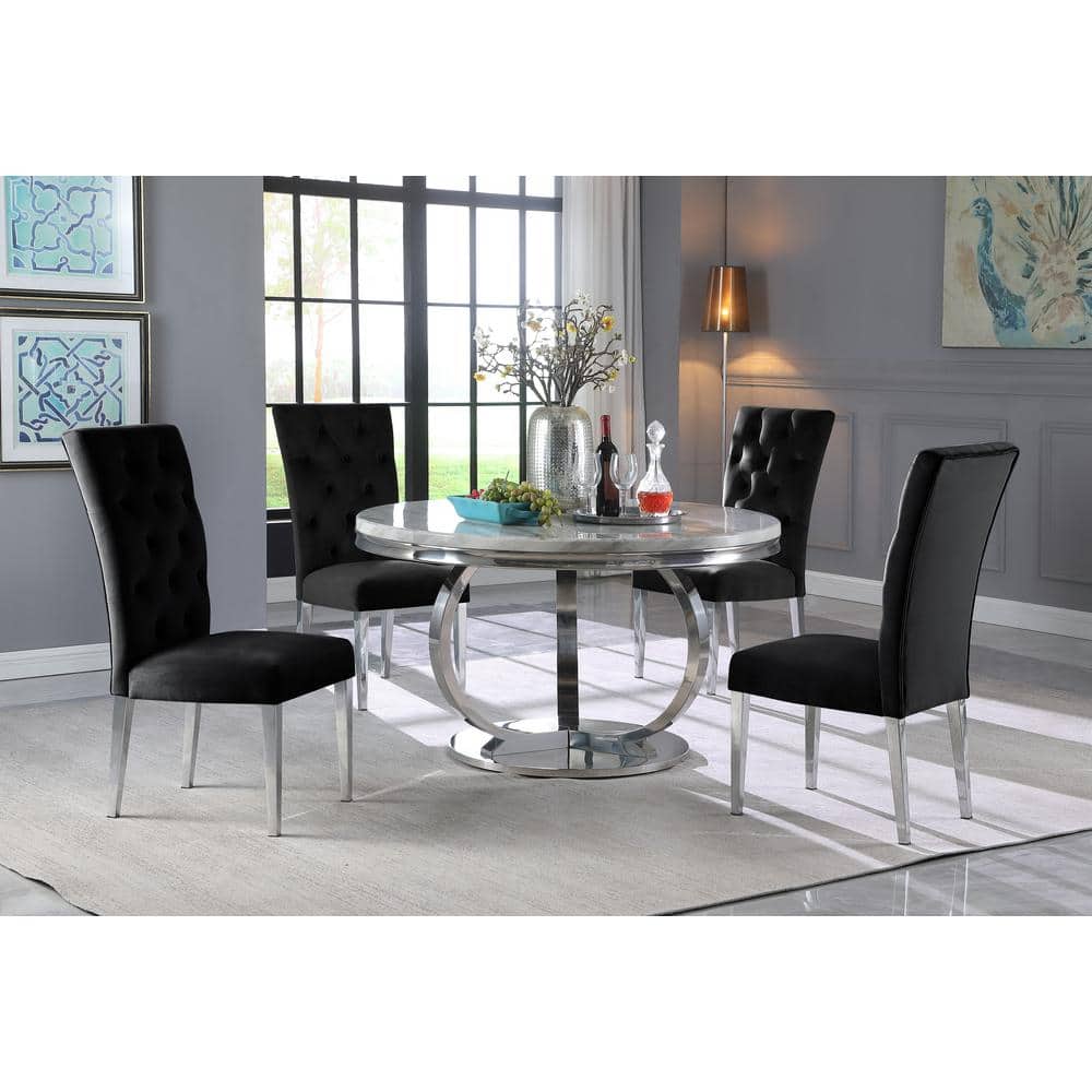 Lexington 52" Round White Faux Marble Dining Table with Stainless Steel Base