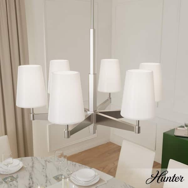 Hunter Nolita 6-Light Brushed Nickel Branch Chandelier with Cased White Glass Shades