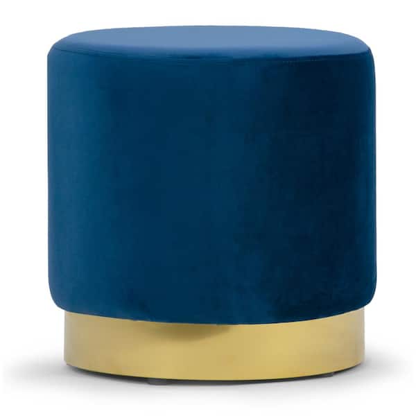 Glamour Home Anna Blue Velvet with Golden Accent Base Medium Size Round Footstool Ottoman