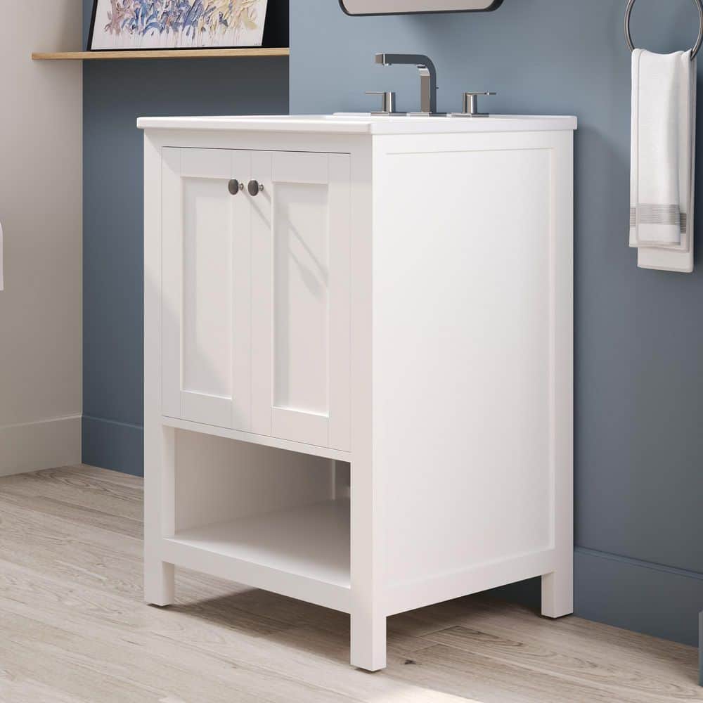 24" White Solid Wood Freestanding Bathroom Vanity with Ceramic Sink