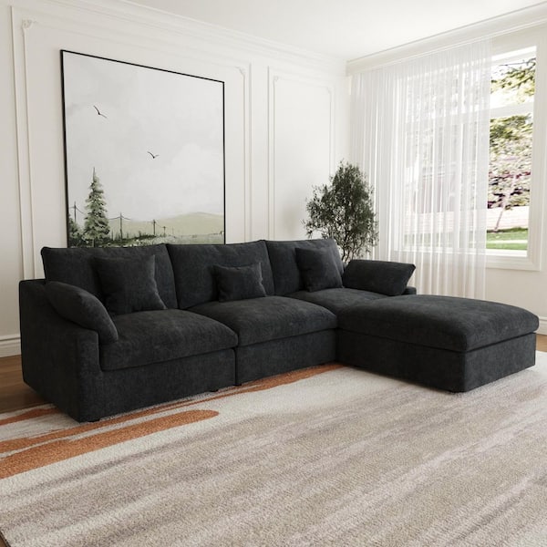 J&E Home 119 in. Slope Arm Linen L-shape Modular Free Combination Sofa with Ottoman in Black