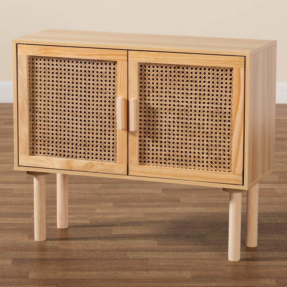 Maclean Mid-Century Modern Natural Rattan and Wood 2-Door Sideboard