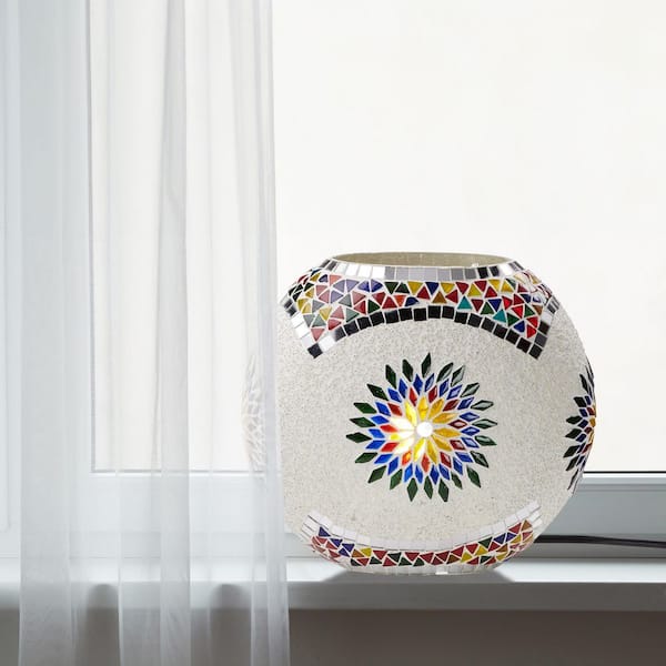 River of Goods Aria 9.5 in. White Glass Oval Globe Accent Lamp with Multicolored Mosaic Design