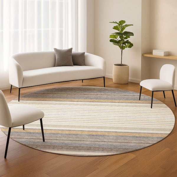 Chantille Machine Washable Indoor/Outdoor Abstract ACN2330 Ivory 8 ft. x 8 ft. Round Rug