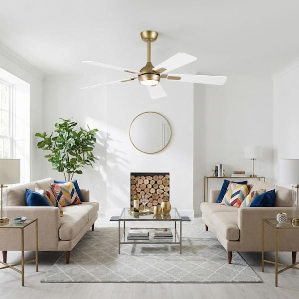 52 in. Indoor Gold Downrod Mount Standard Ceiling Fan with Integrated LED, Remote, and 5 Reversible Blades