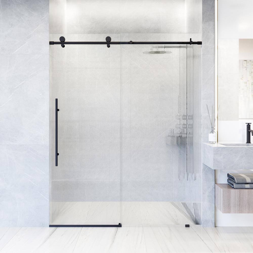 Matte Black Frameless Sliding Shower Door with Fluted Glass