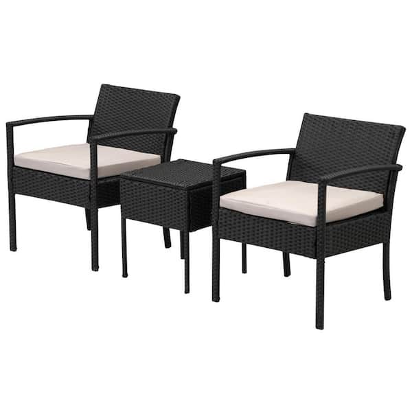Zeus & Ruta 3-Piece Black PE Wicker Patio Conversation Set with Gray Cushions for Garden, Backyard, Balcony, Lawn, Seats 2-Person