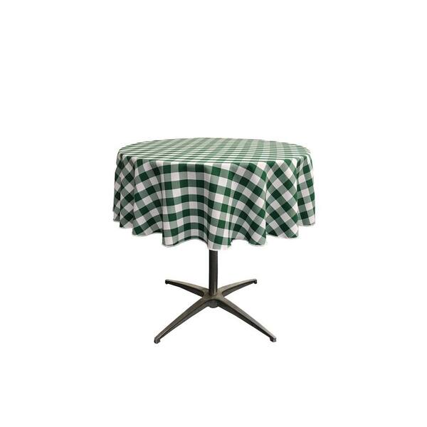"51 in. White and Hunter Green Polyester Gingham Checkered Round Tablecloth"