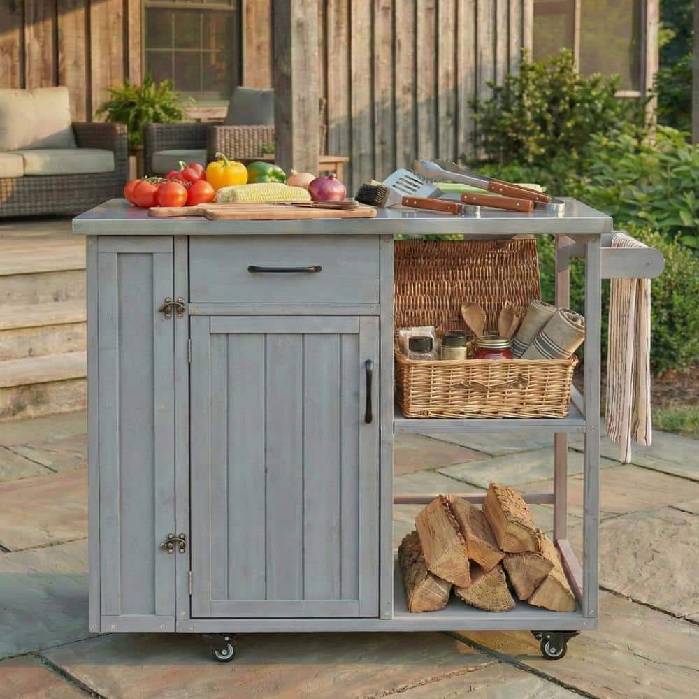 Outdoor Fir Wood Kitchen Cart with Stainless Steel Top, Lockable Wheels, Storage Cabinet, Towel & Spice Rack, Grey price history on PriceWatchPro