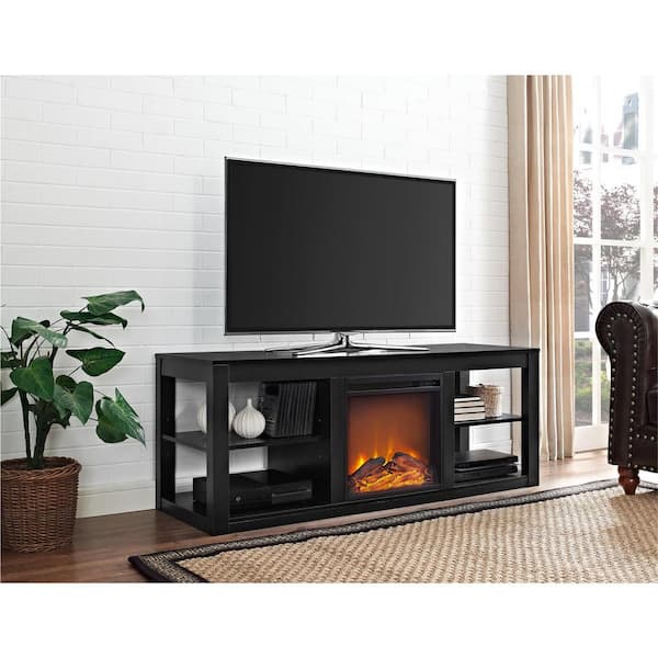 Ameriwood Parsons Black 65 in. TV Stand Console with Fireplace