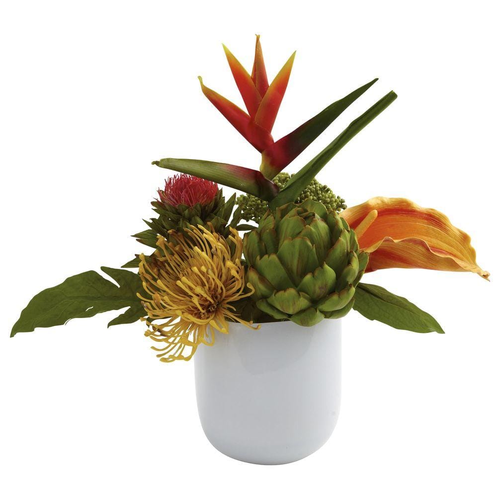 Nearly Natural Tropical Floral Arrangement With White Glass Vase 4820 The Home Depot