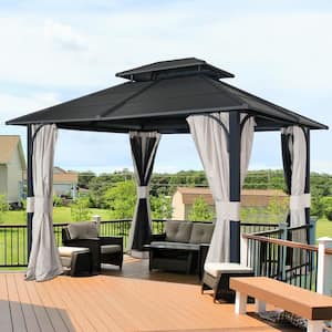 12 ft. x 10 ft. Black Outdoor Permanent Double Roof Hardtop Gazebo with Mosquito Mesh Netting and Privacy Curtains