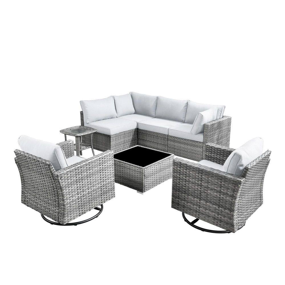 Mirada 8-Piece Wicker Outdoor Patio Sectional Furniture Set with Swivel Chairs and Light Gray Cushions price history on PriceWatchPro