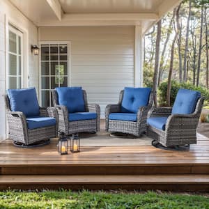 4-Piece Gray Swivel Glider Wicker Outdoor Rocking Chair with Blue Cushions and Curved Armrest