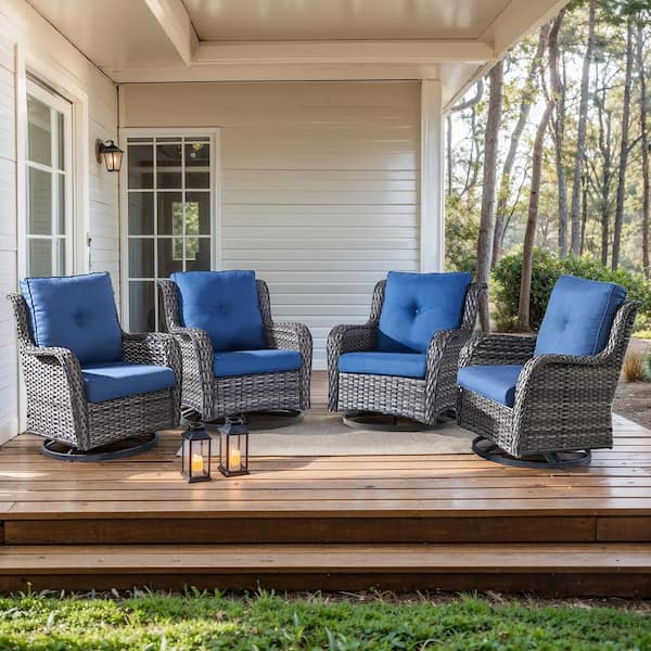 moosprr 4-Piece Gray Swivel Glider Wicker Outdoor Rocking Chair with Blue Cushions and Curved Armrest