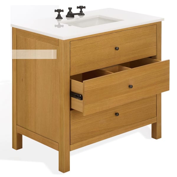 Tompkinson 36 in. Single Sink Natural Bath Vanity with White Marble Top
