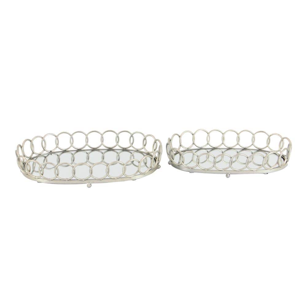 Elegant Silver Mirrored Oval Tray Set, 22" & 18"W with Geometric Pattern