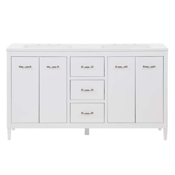 Marrett 61 in. Double Sink White Bath Vanity with White Cultured Marble Top (Assembled)