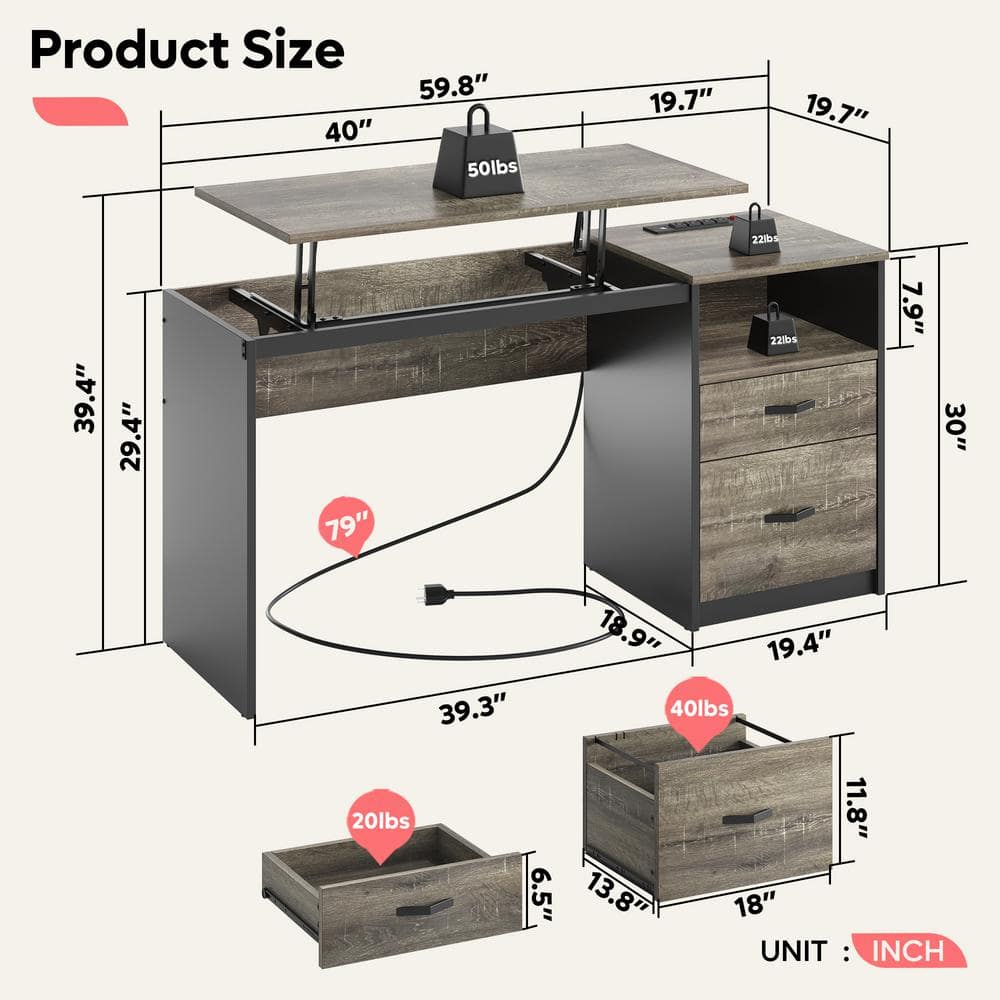 Retro Grey Oak Adjustable Height Standing Desk with Drawer and Power Outlet