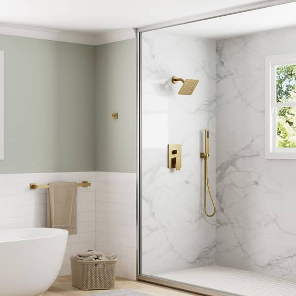 2-Spray Pattern Wall Mount 6 in. Square Shower Head with Single Handle Shower Handheld Faucet 2.5 GPM in Brushed Gold