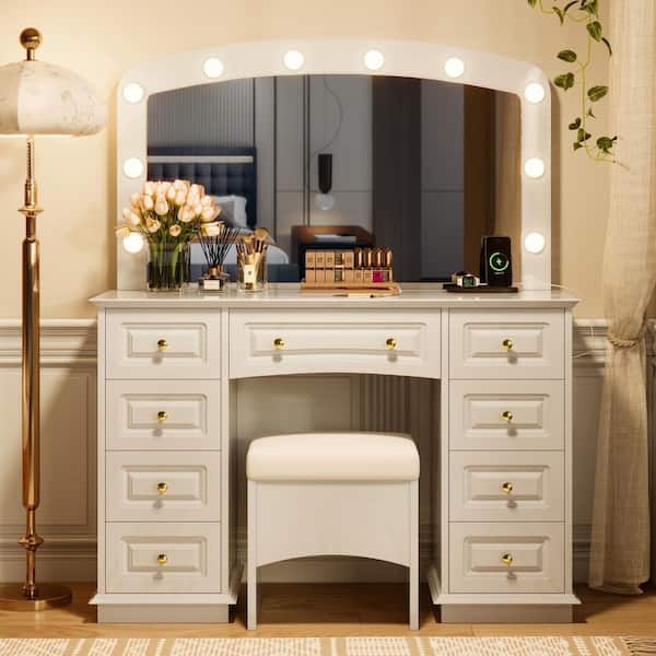 GYIIYOU White Makeup Vanity Desk 9-Drawers Wood Dressing Table With 10 Hollywood Bulbs, Charging Station and Storage Stool 202308A