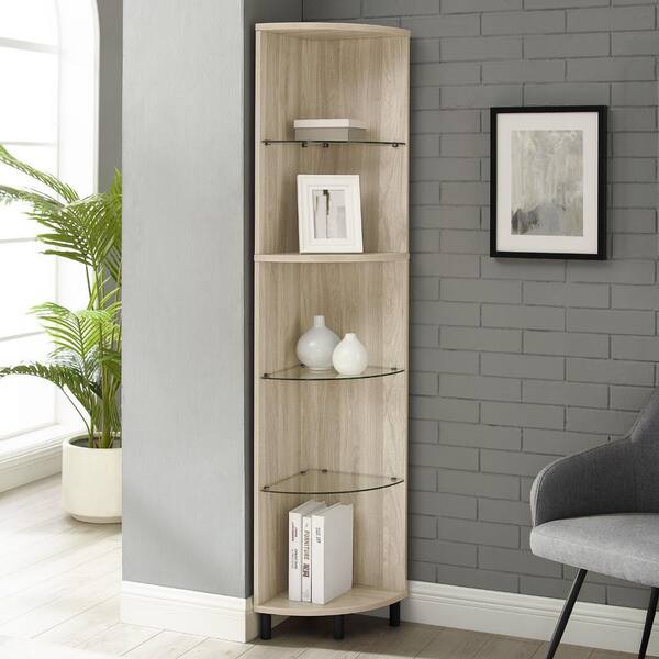 Welwick Designs 68 In Birch Wood And Glass 4 Shelf Corner Bookcase With Adjustable Feet Hd8647 The Home Depot - Bookshelf Wall Anchor Home Depot