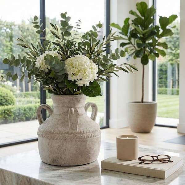 12 in. Ivory Terra Cotta Amphora Decorative Vase