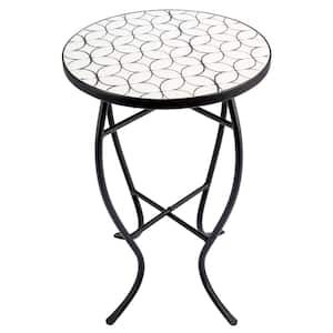 Black Metal Mosaic Top Outdoor Side Table with Curved Legs, White Pattern