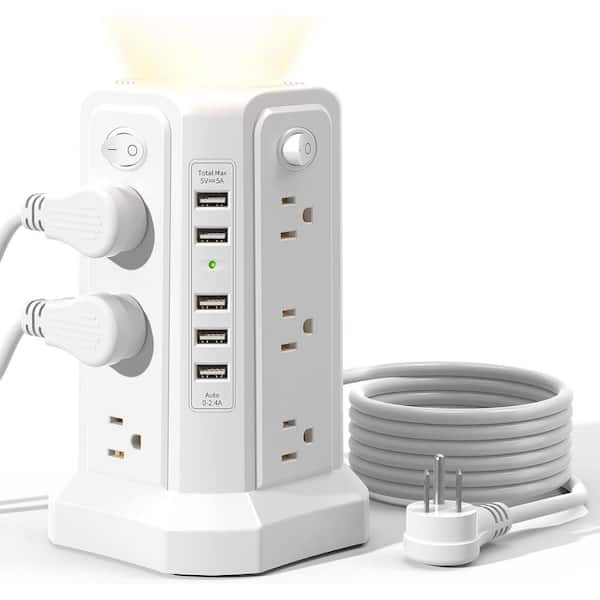 Lukyamzn 12-Outlet Power Strip Surge Protector with 5 USB Port, Night Light Night Light and 10 ft. Extension Cord in White
