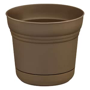 Anne Chocolate Brown Plastic Planter with Drainage Hole and Attached Saucer (7 in. L x 7 in. W x 6.5 in.)