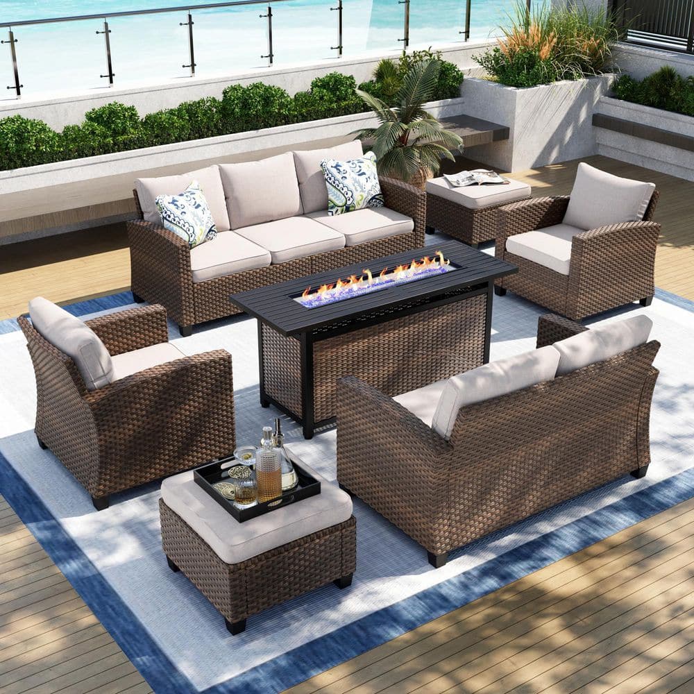 PHI VILLA Brown 7-Piece Rattan Steel Outdoor Patio Conversation