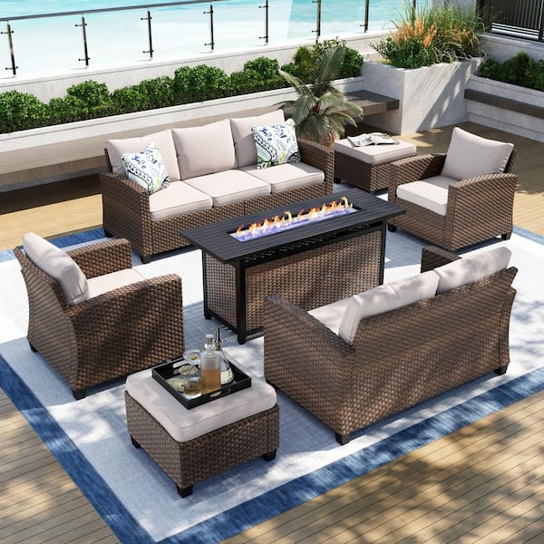 PHI VILLA Brown 7-Piece Rattan Steel Outdoor Patio Conversation Set with Beige Cushions and Rectangular Fire Pit Table