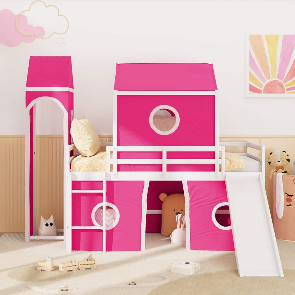 Pink Twin Size Wood Loft Bed with Slide, Tent, Tower and Ladder