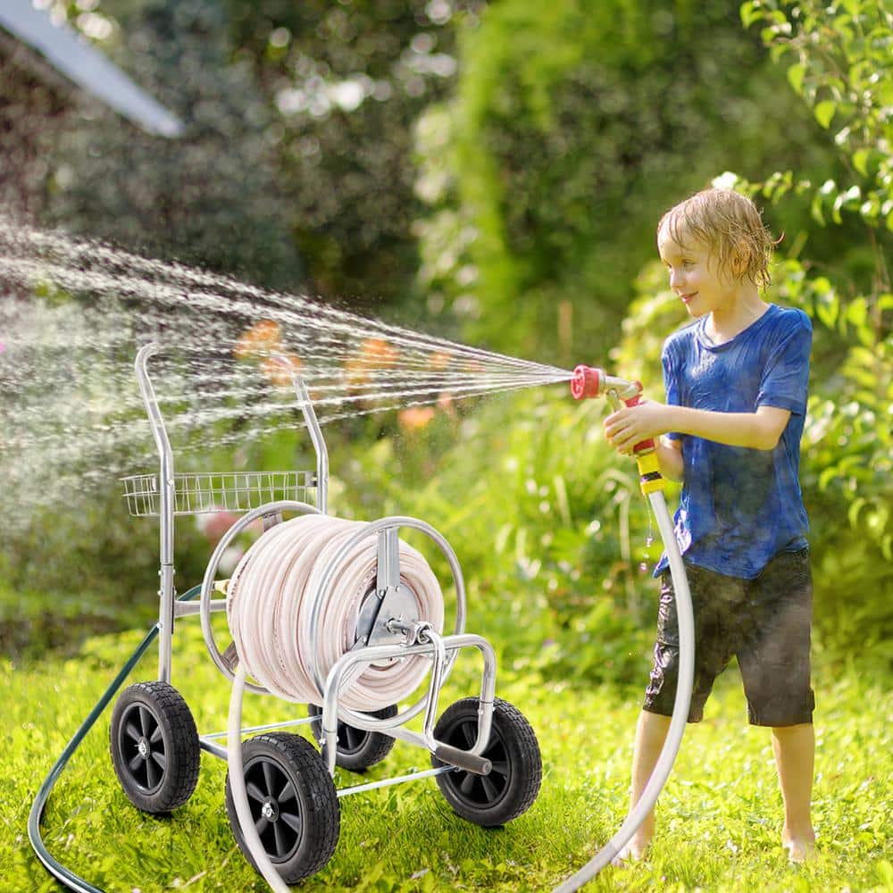 Heavy Duty Silver Steel Garden Hose Reel Cart with Storage Basket