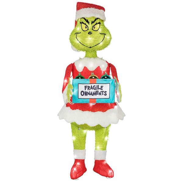 30 in. 3D Lighted Grinch with Ornament Tinsel Sculpture Outdoor Christmas Decoration