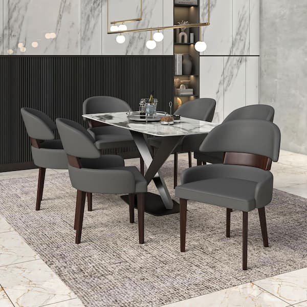 Modern Dining Chairs Leather Seat Curved Open Back with Rubberwood Legs Ethos Collection in Grey