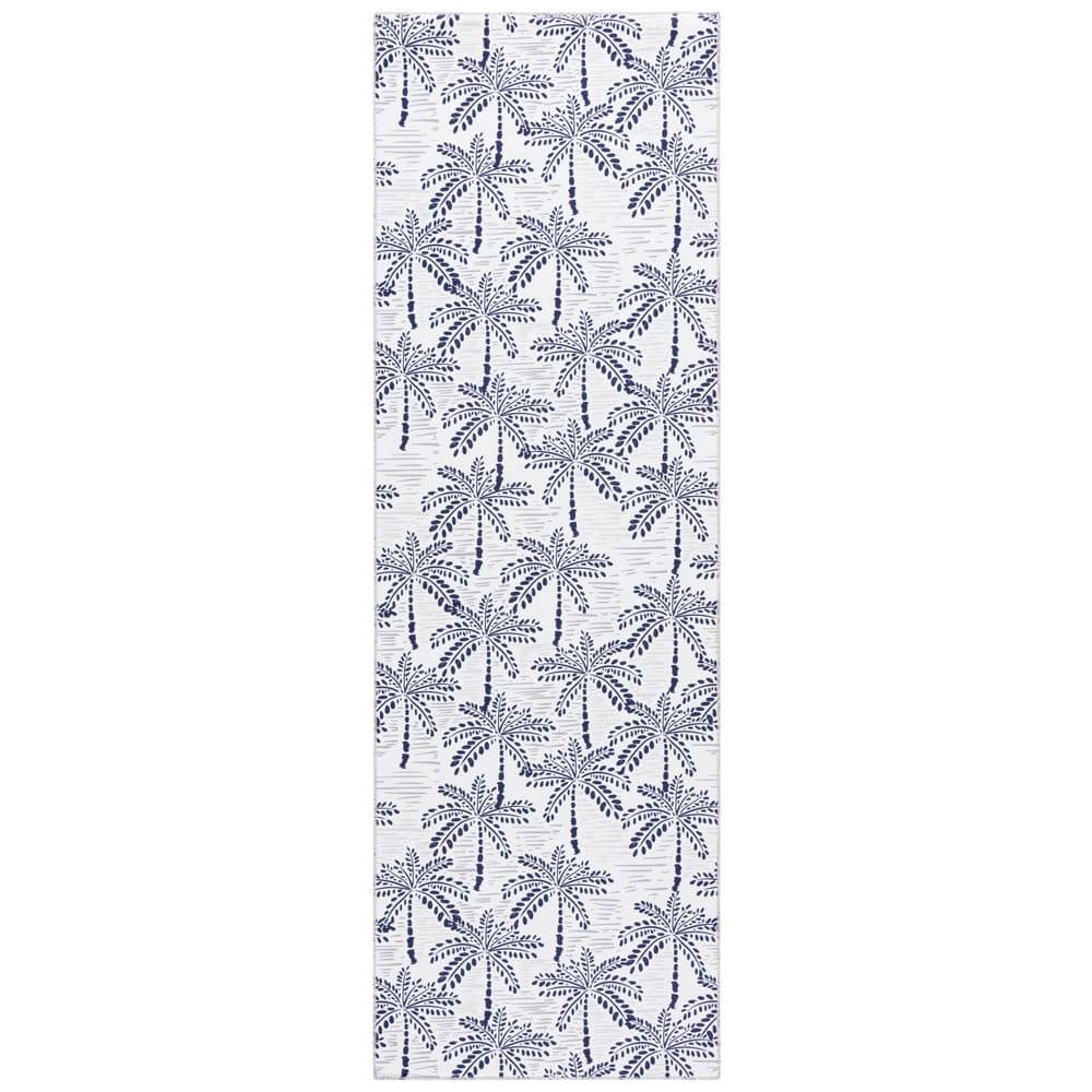 SAFAVIEH Malibu Ivory/Navy 3 ft. x 8 ft. Machine Washable Palm Trees ...