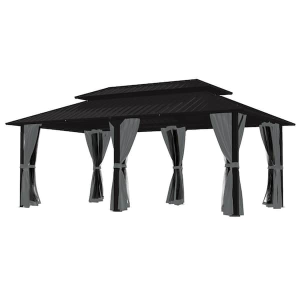 12 ft. x 20 ft. Gray Double Roof Hardtop Patio Gazebo with Netting and Curtains