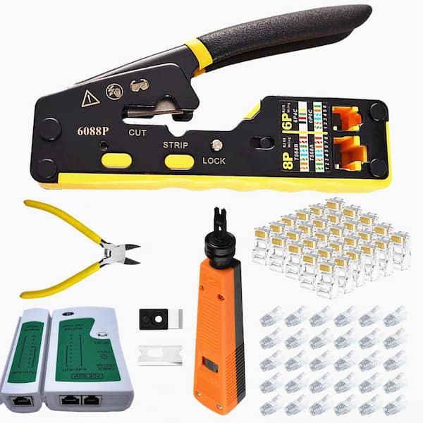 66-Piece Pass Through RJ45 Crimp Tool Kit with 30 Cat6 Connectors, 110 Punch Down Tool, Cable Tester, Wire Cutter