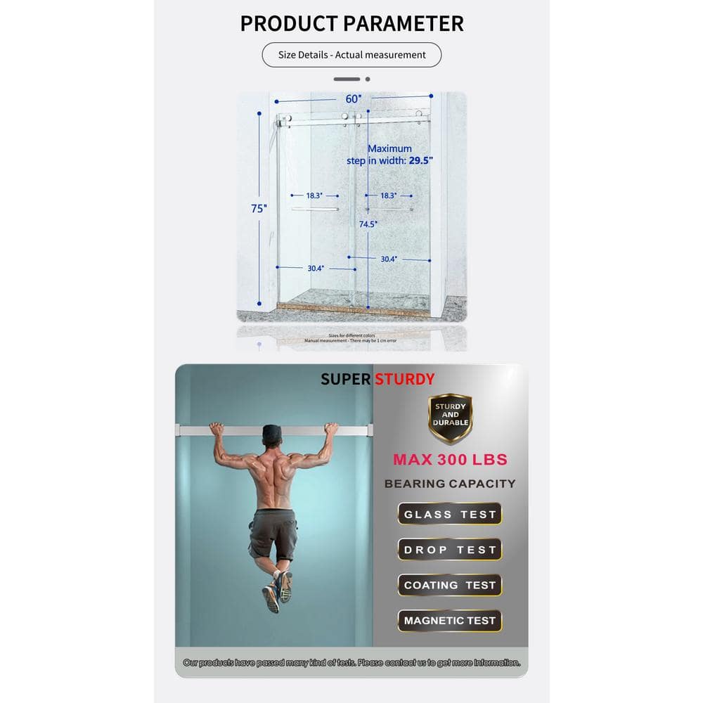 60" Frameless Chrome Glass Double Sliding Shower Door