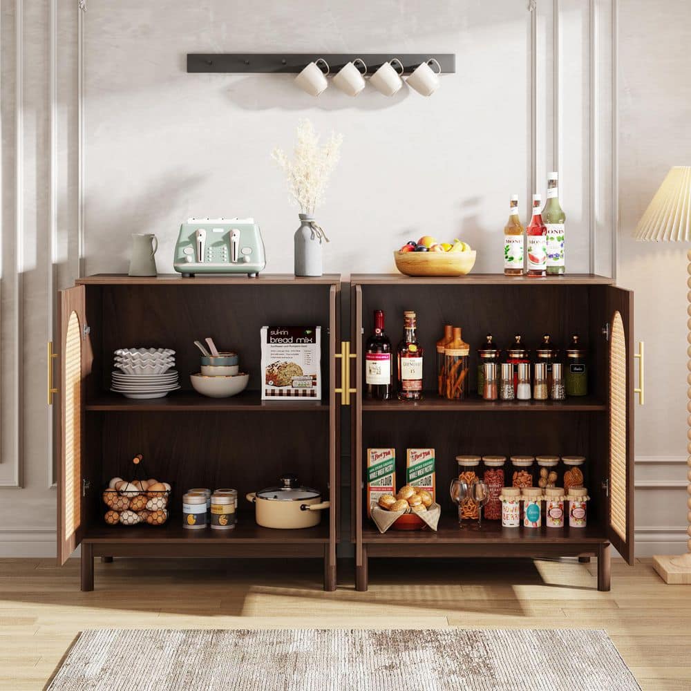 Ahlivia Brown Wood 59 in. Sideboard Buffet with Storage Cabinet, 2 Shelves and 4 Doors for Living Room Kitchen Set of 2