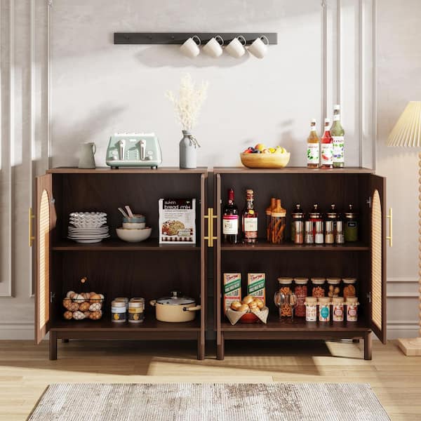 Unbranded Ahlivia Brown Wood 59 in. Sideboard Buffet with Storage Cabinet, 2 Shelves and 4 Doors for Living Room Kitchen Set of 2