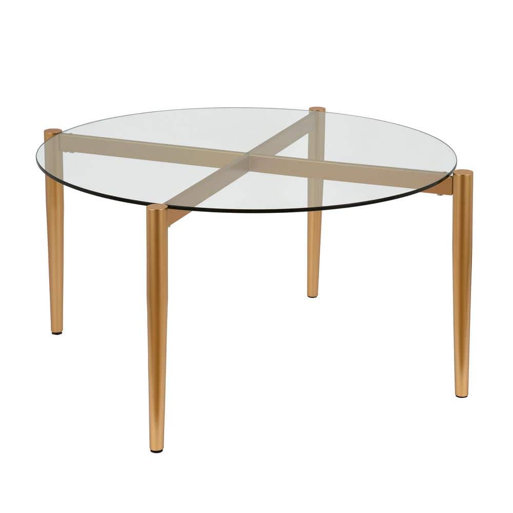 Elegant Mid-Century Modern Round Coffee Table with Tempered Glass Top, Brass Finish